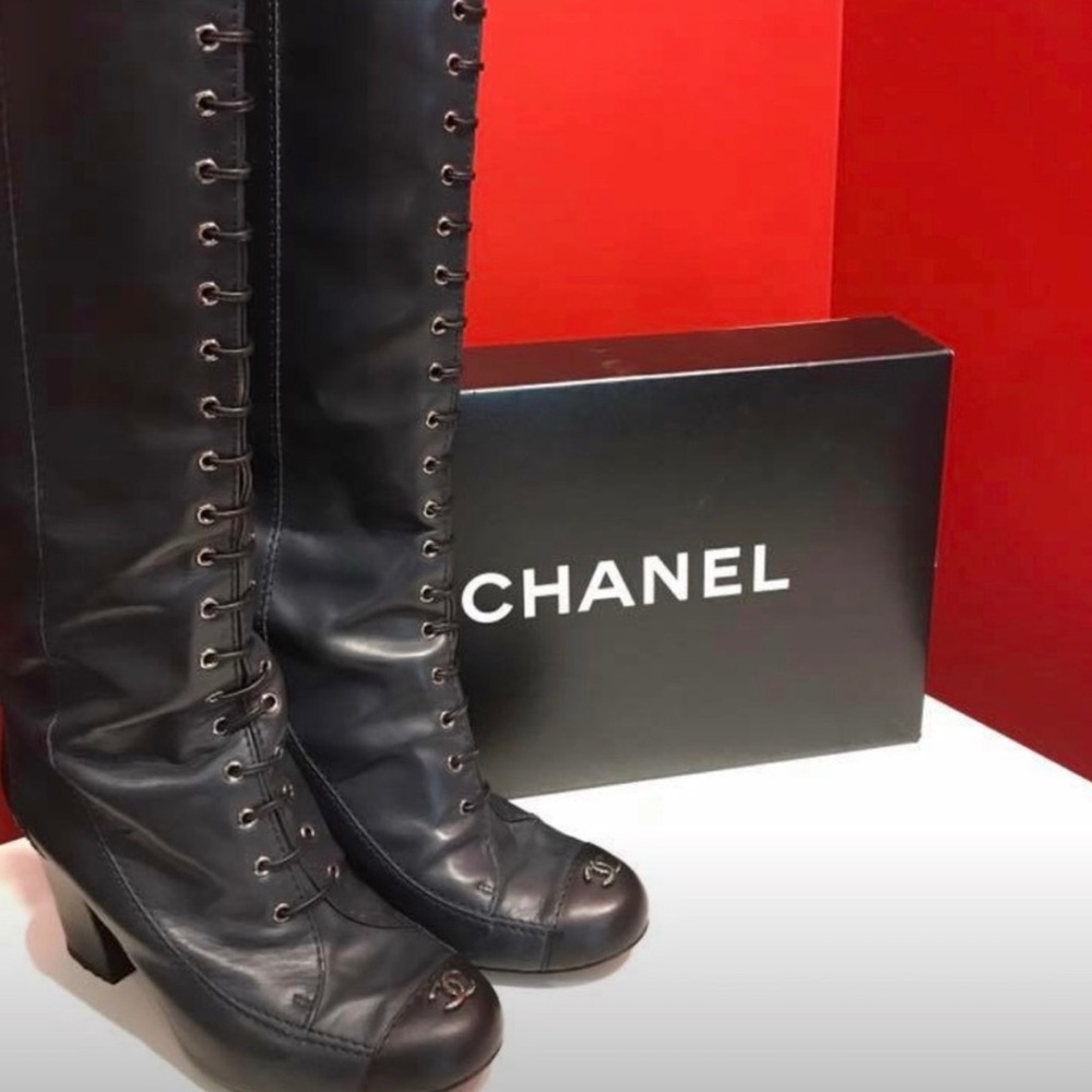 CHANEL leather lace-up knee high boots Sz 37